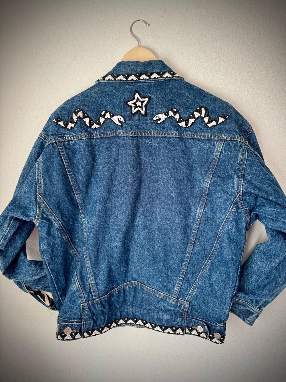 ⭐️Denim Beaded Jacket with Black & White Snakes, Star & Trim -unisex